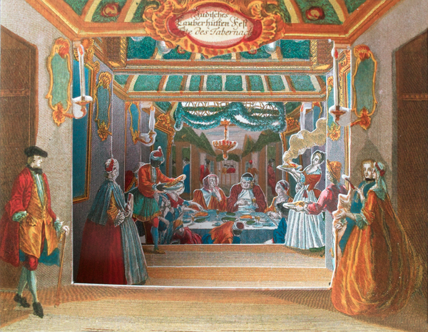 Postkarten-Illustration zum jüdischen Laubhüttenfest Sukkot.