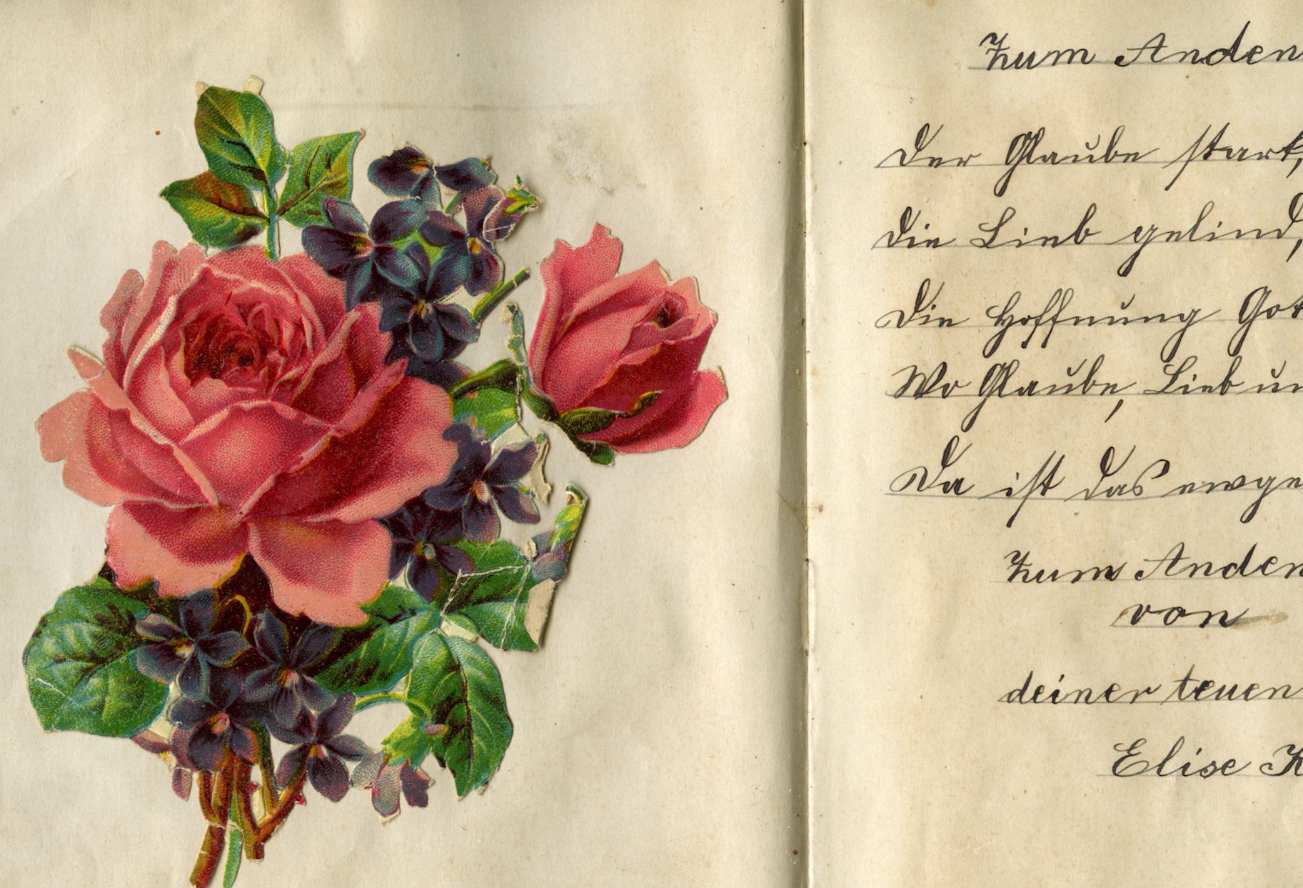 Poesiealbum aus Großmutters Zeiten, verziert mit Glanzbildern.